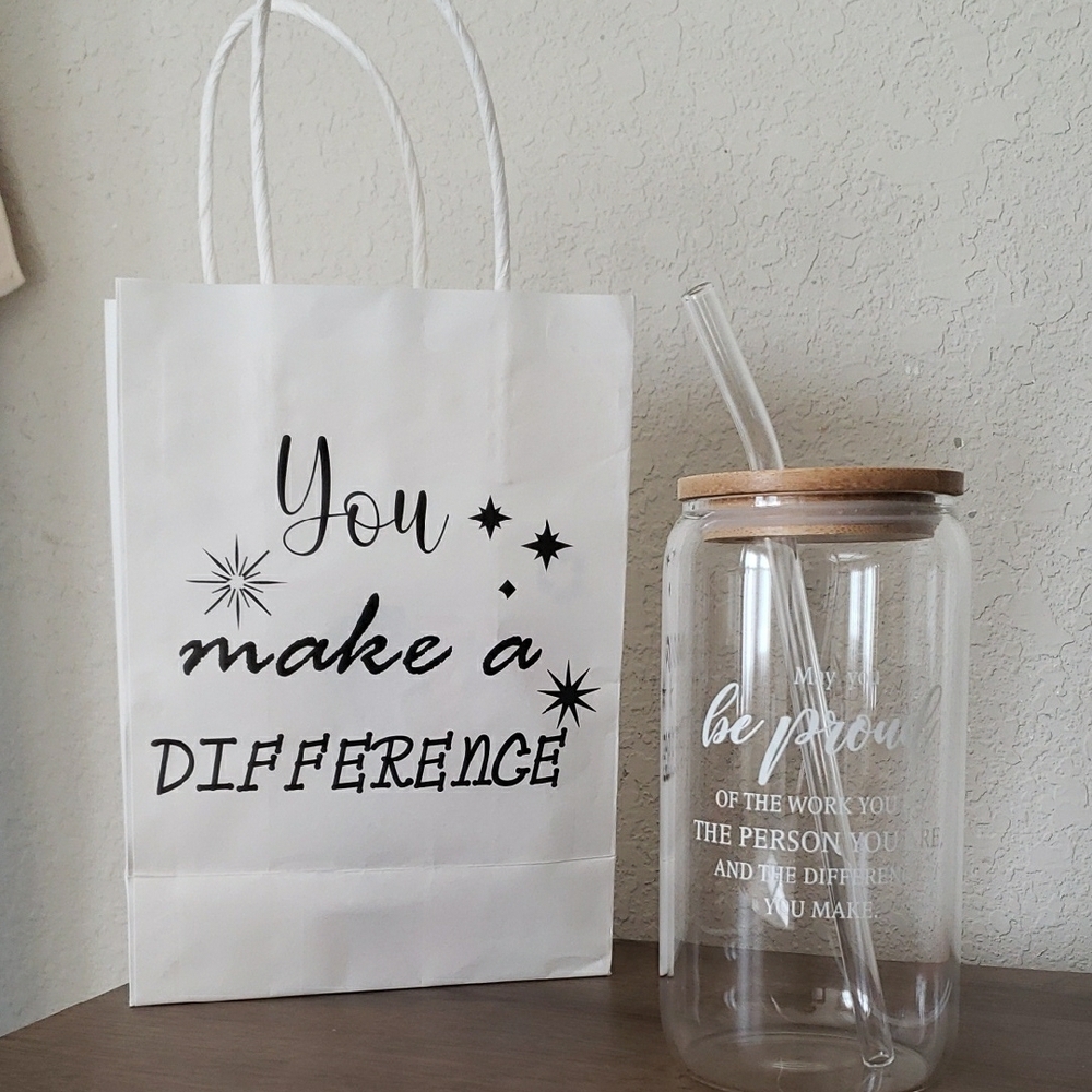Inspirational Glass Tumbler with Straw and Gift Bag